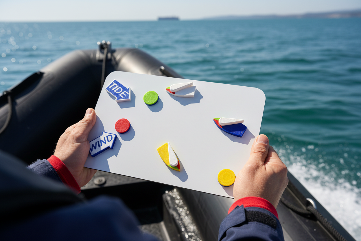 Hands holding whiteboard with magnetic aids on RHIB