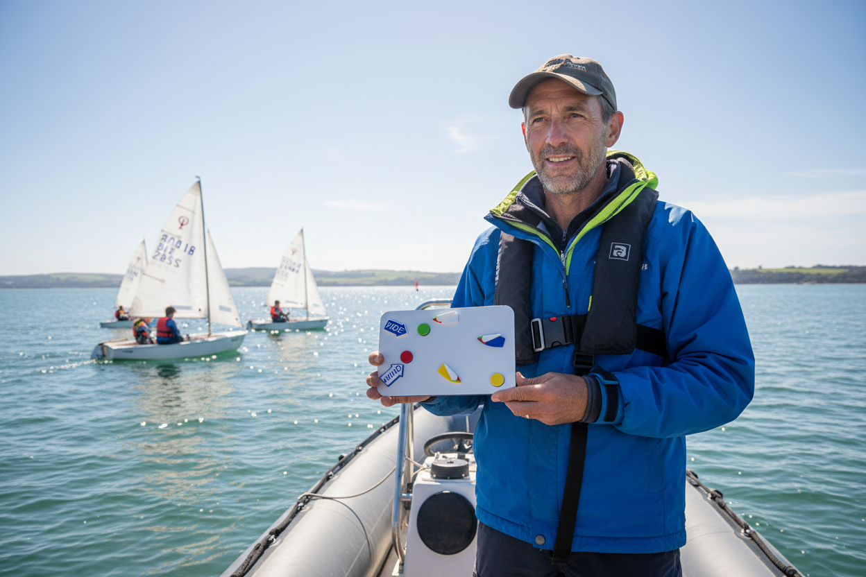 Maritime instructor with smaller A5 whiteboard on RHIB