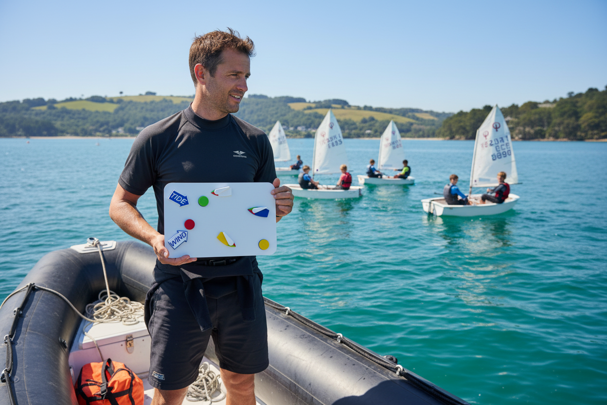 Maritime instructor with whiteboard teaching from RHIB