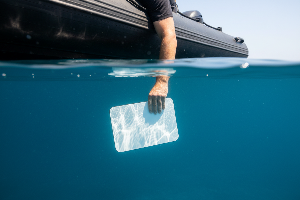Whiteboard held underwater from floating RHIB - split perspective